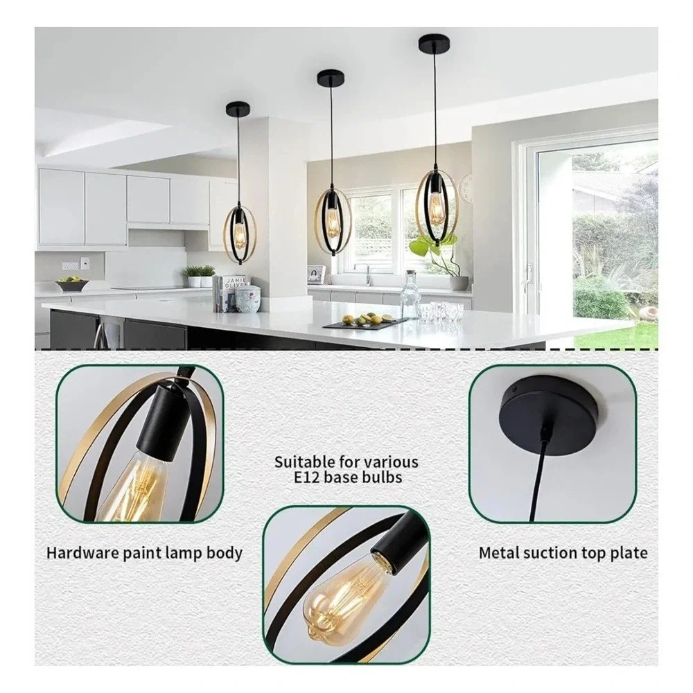 Pendant Light Dotokotl Lighting Double Ring Black Gold Metal‎ Modern MCM Style